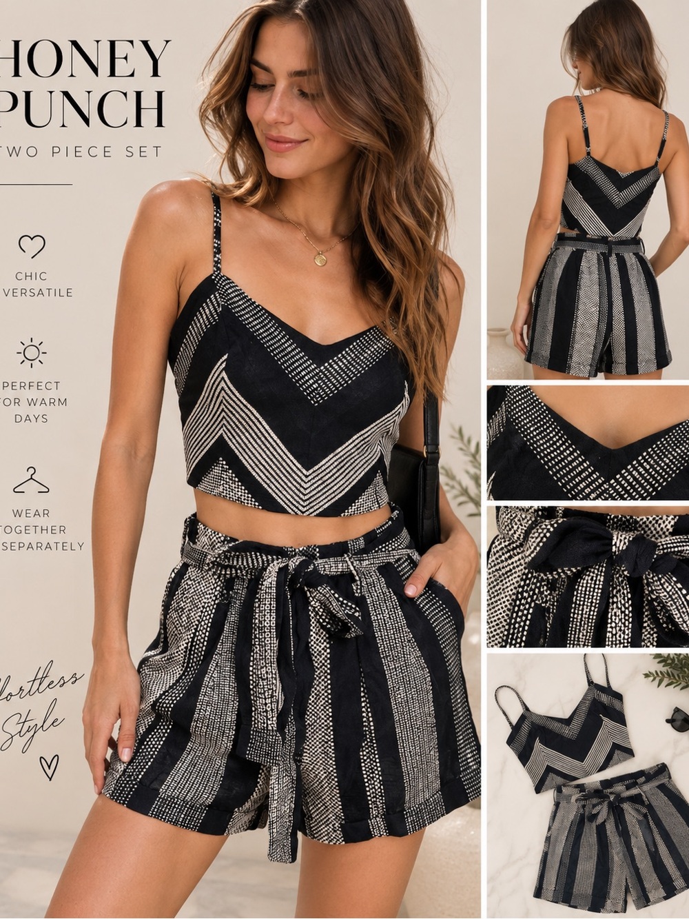 Honey Punch Black & Cream Striped Two-Piece Crop Top and High-Waist Shorts Set